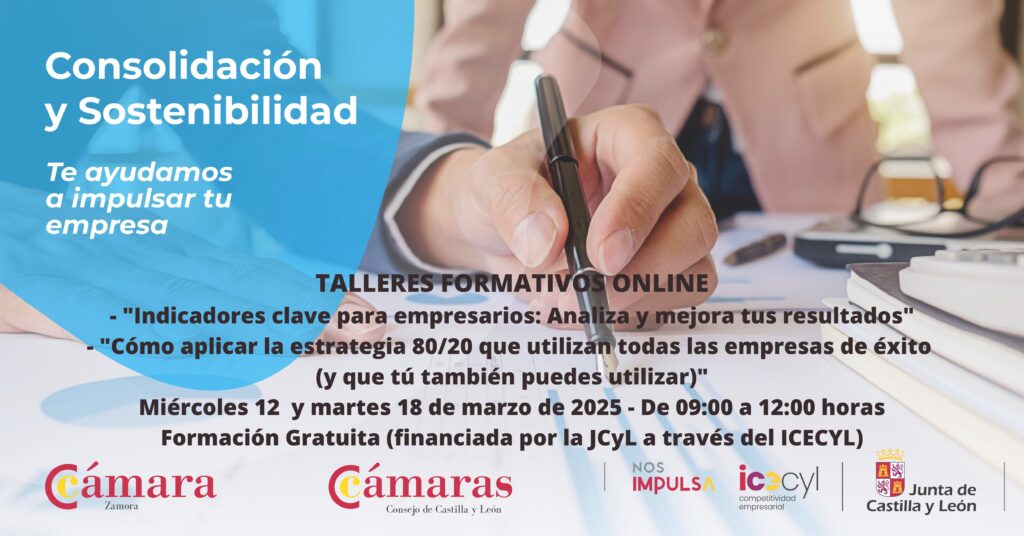 La Cámara de Comercio de Zamora y la Junta de Castilla y León inician un ciclo formativo de consolidación y sostenibilidad para pymes que incluye temáticas como indicadores claves para empresarios, la estrategia 80/20, facturación electrónica…