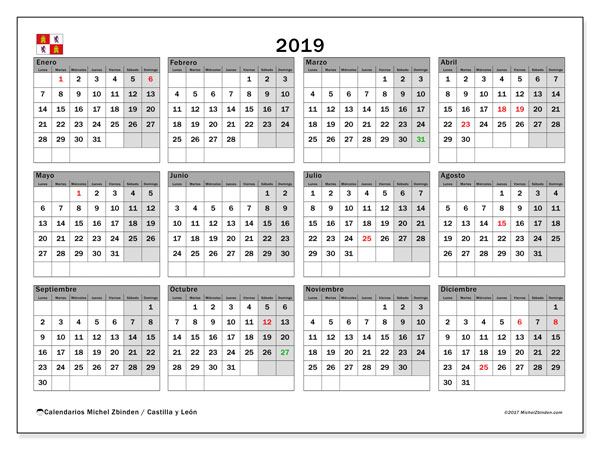 Calendario de fiestas laborales en el ámbito de la Comunidad de Castilla y León para el año 2019